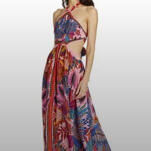 FARM Rio Macaw Scarf  Pink and Blue Halter Maxi Sundress, M